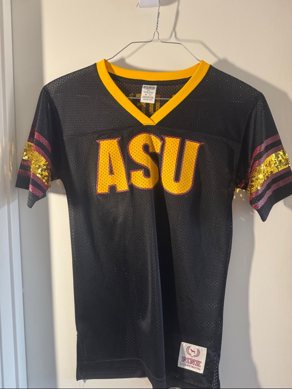 PINK Victoria's Secret Black ASU Sequin Sleeve V-Neck Jersey